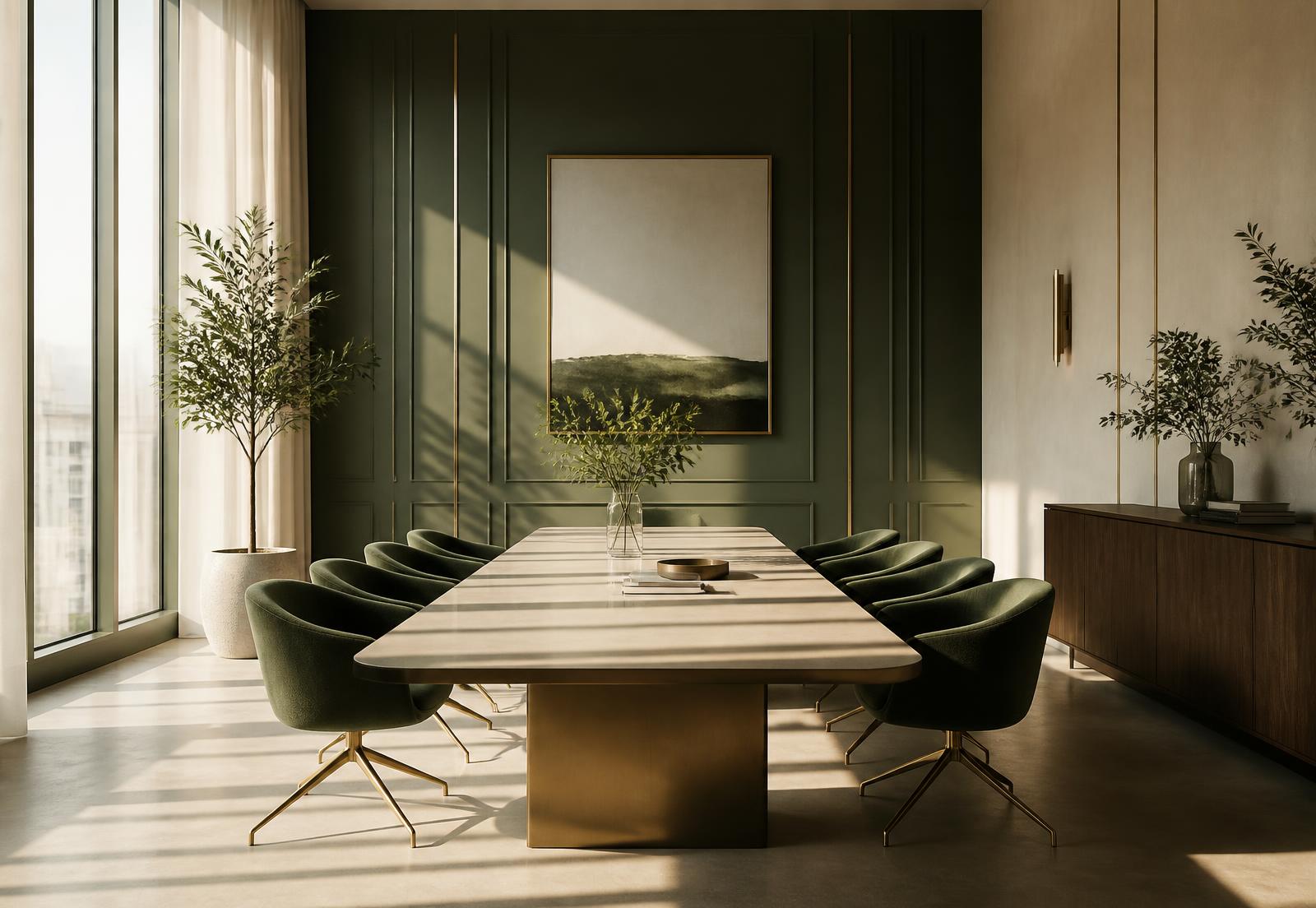 A calm executive meeting room in hunter green and cream with warm morning light